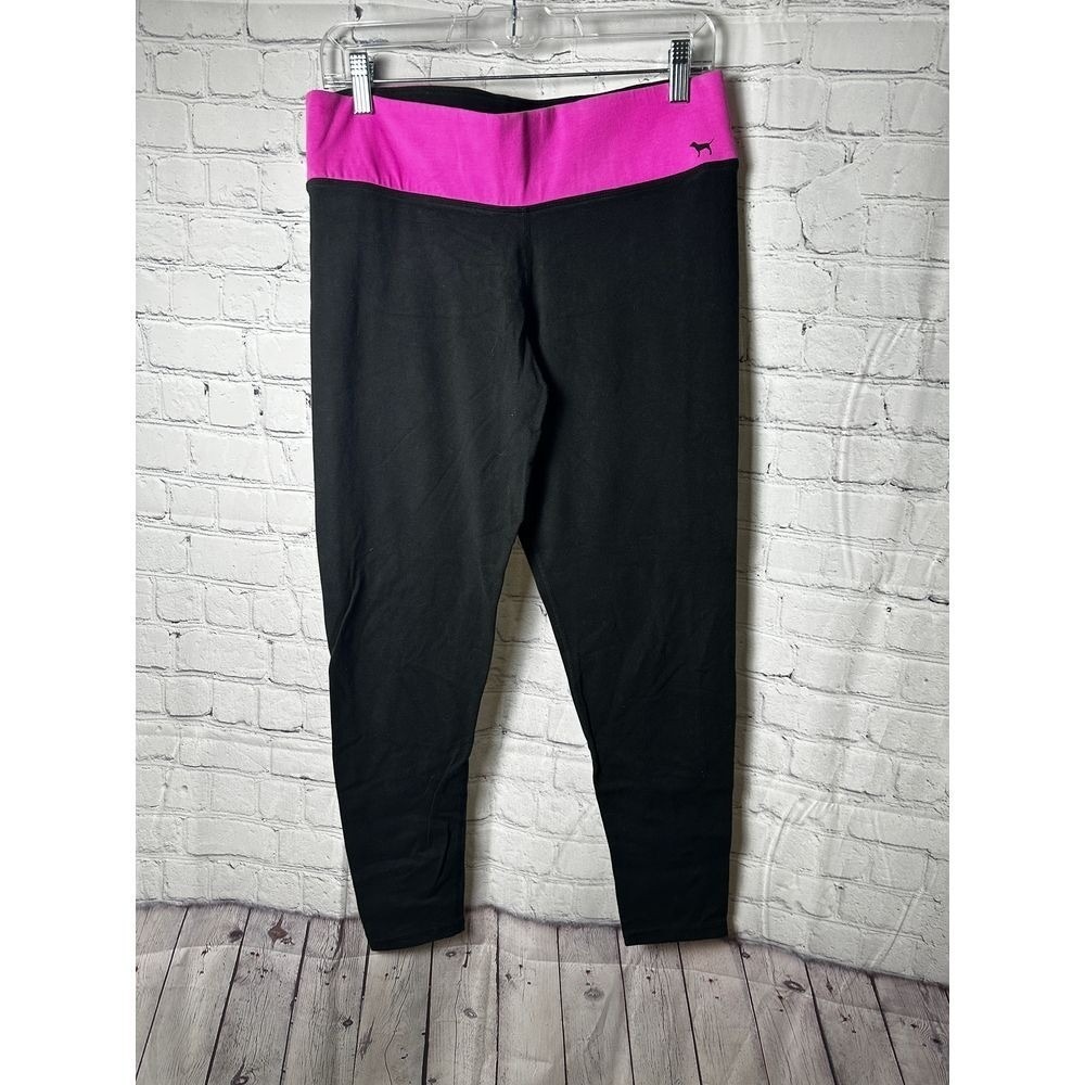 Victoria's Secret PINK Yoga Leggings Black Pink Foldover Waist Glitter Logo L